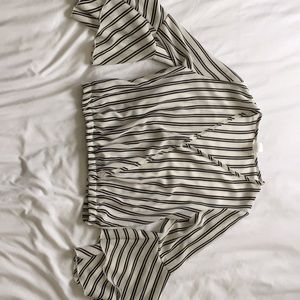 Striped plunge blouse with ruffles bell sleeves